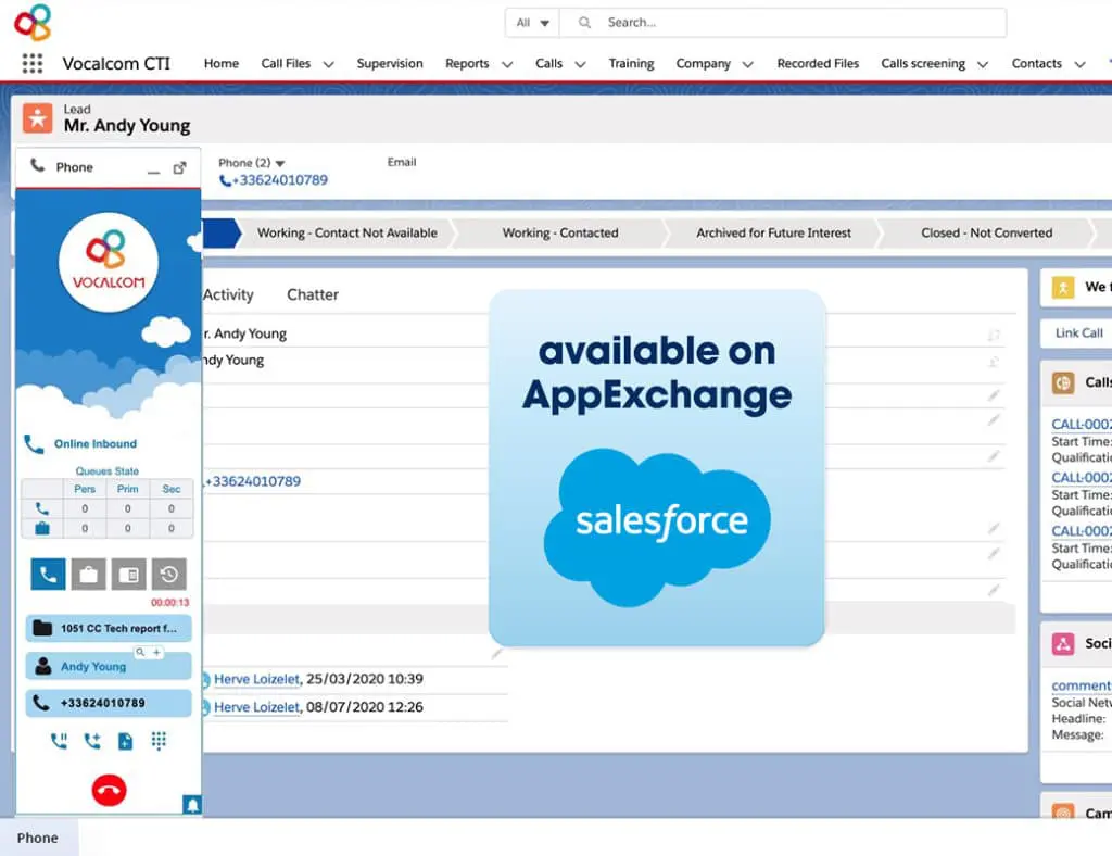 integración nativa de la aplicación CTI de Vocalcom Salesforce Edition